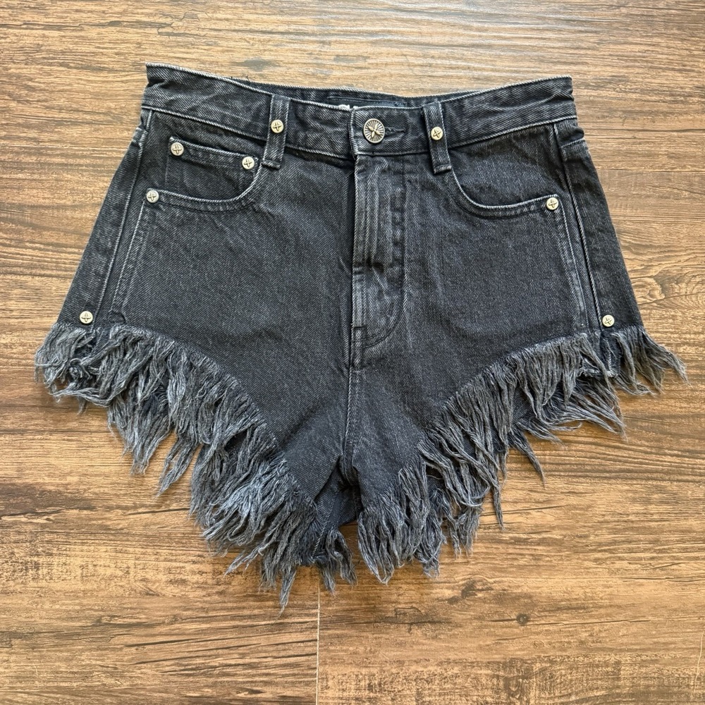 SMFK Wild World Medium 27 In. Plan C Black Denim Shorts Tassel Fringe Distressed